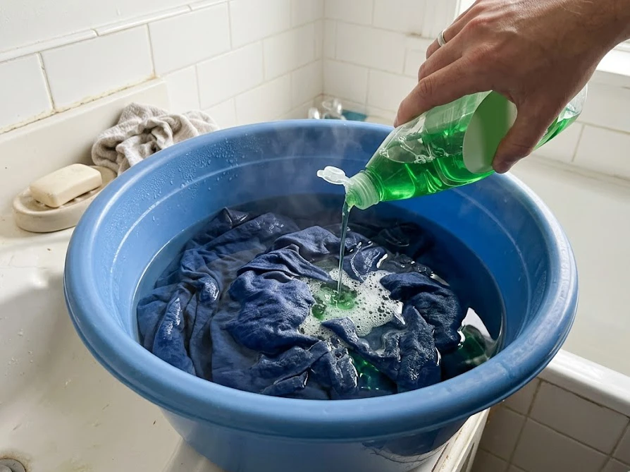 洗面器のお湯と台所用洗剤を使って服についたアイスリングの汚れを落とす様子