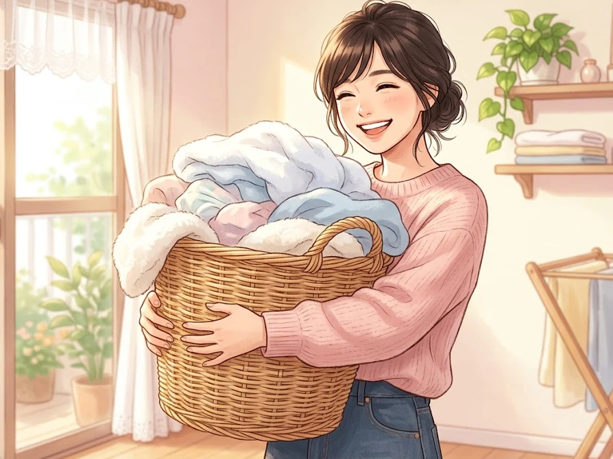 正しい手順でアイスリングの汚れを洗濯し、綺麗になった服を見て喜ぶ女性