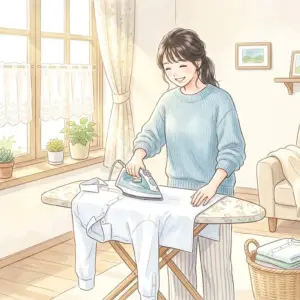 急いでいる時にアイロンを使って洗濯物を早く乾かす女性