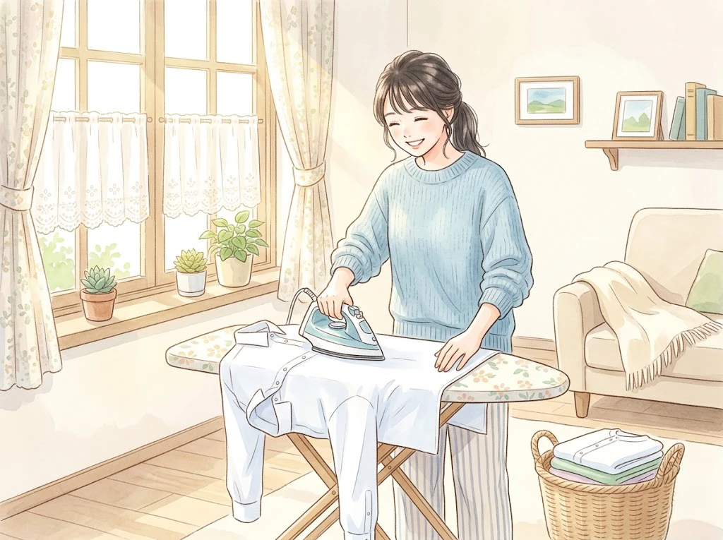 急いでいる時にアイロンを使って洗濯物を早く乾かす女性