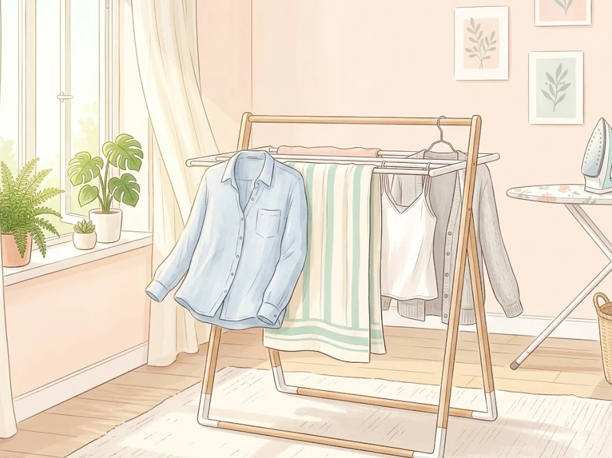 半乾きアイロンと部屋干しを組み合わせて効率よく乾かす様子