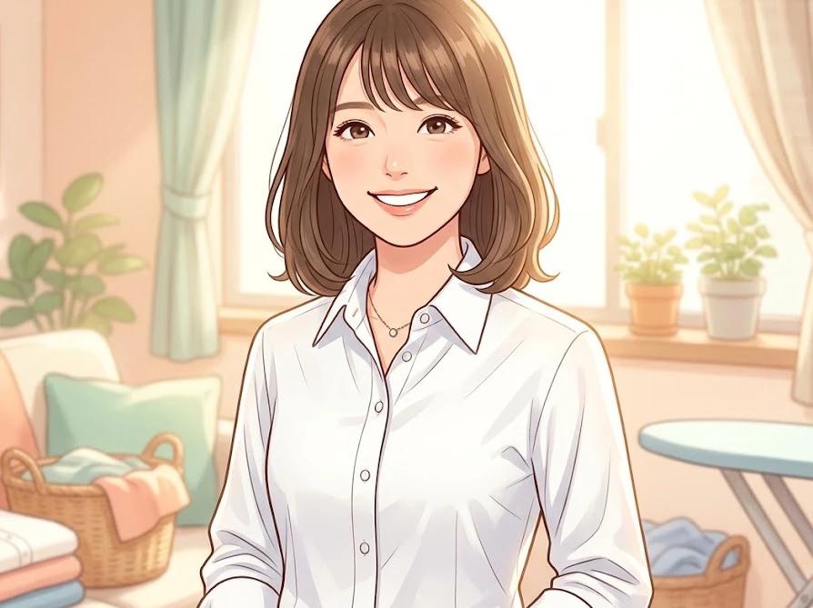 アイロン乾燥術で綺麗に仕上がった服を着て喜ぶ女性