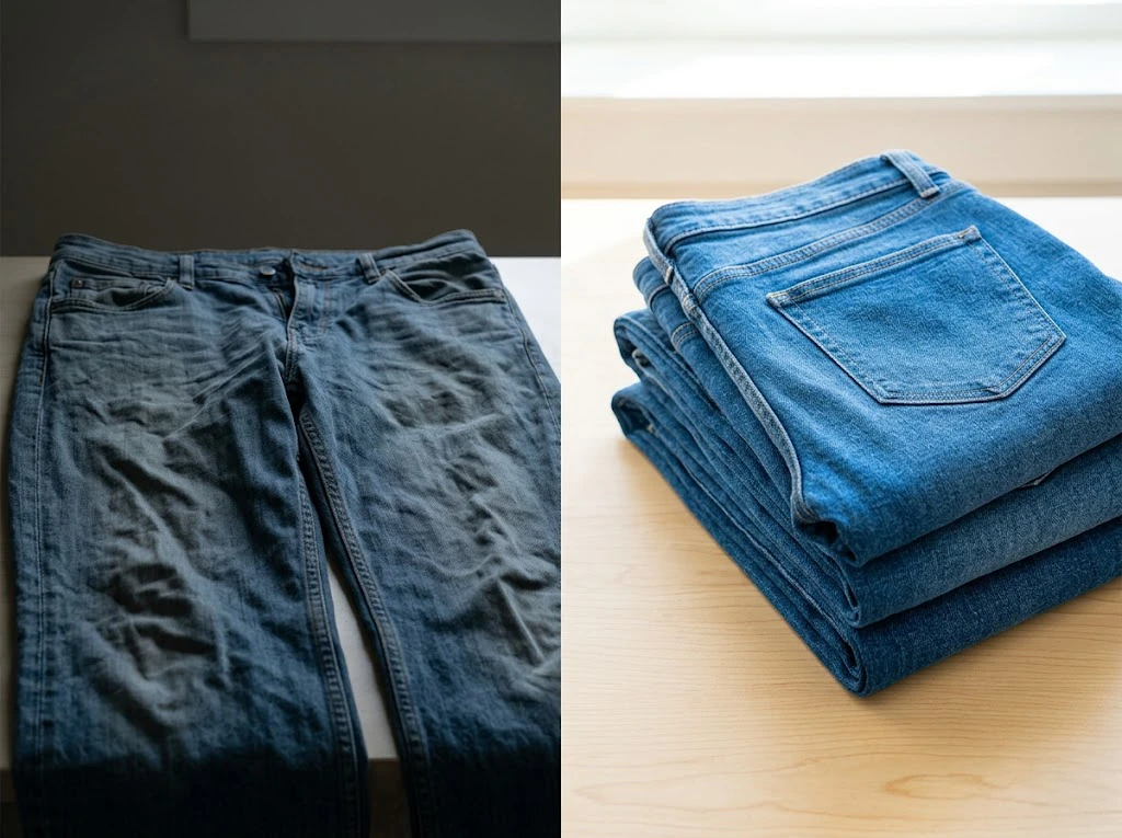 嫌な生乾き臭がする状態とオキシクリーンでスッキリ洗い上がったジーンズの比較