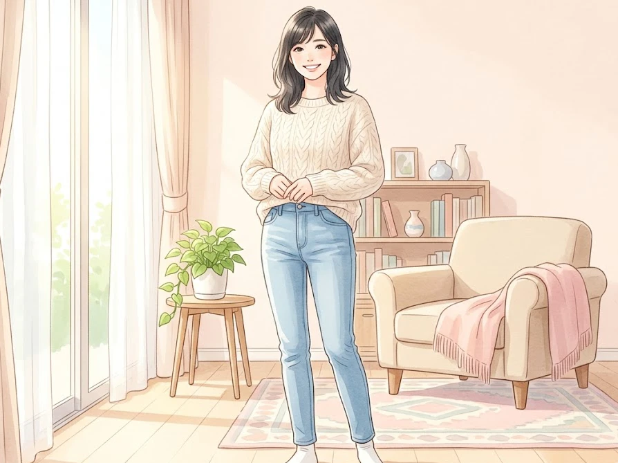 嫌なニオイが消えて綺麗になったお気に入りのジーンズを穿いて喜ぶ笑顔の女性
