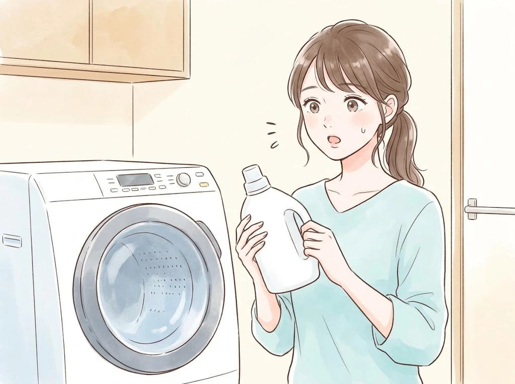 洗濯槽カビキラーを電源を入れる前に入れてしまった時に焦る女性の様子