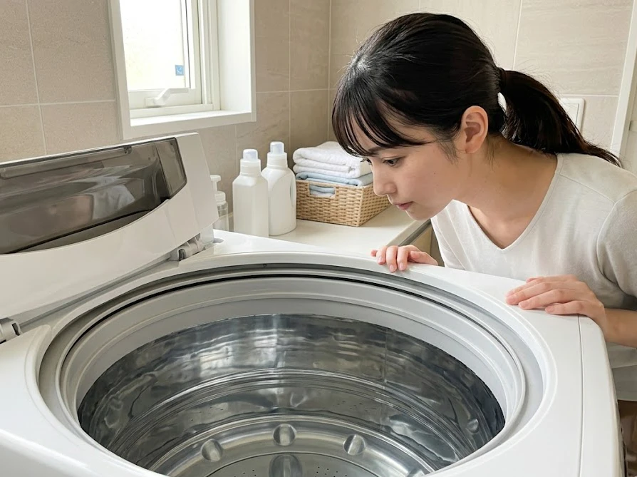 洗濯槽カビキラーを使う前に洗濯機の中に衣類が残っていないか最終確認する様子