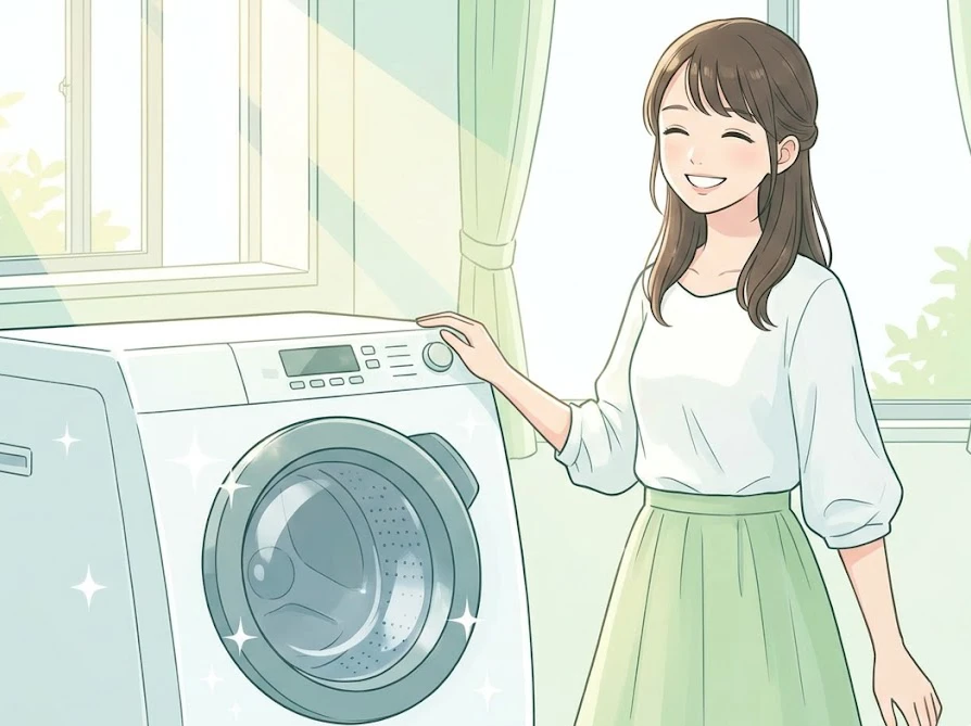 順番間違いを無事にリカバリーして綺麗になった洗濯機と安心する女性