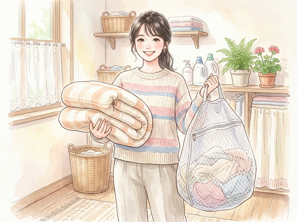 大きな毛布と特大サイズの洗濯ネットを持って微笑む女性