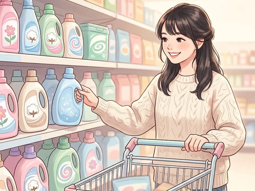 お店の日用品売り場で大きいサイズの洗濯ネットを探す女性