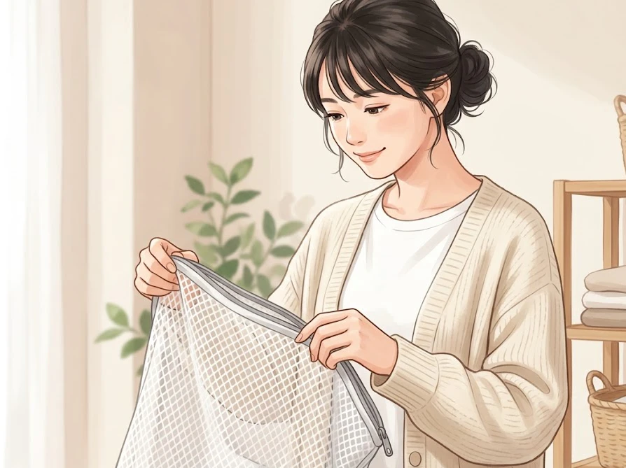シンプルで丈夫な大物洗い用洗濯ネットを広げて確認する女性