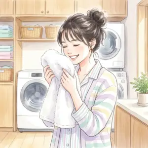 清潔なタオルを抱きしめて笑顔を浮かべる女性。洗濯ビーズのコスパや正しい使い方を解説。