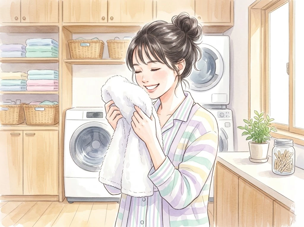 清潔なタオルを抱きしめて笑顔を浮かべる女性。洗濯ビーズのコスパや正しい使い方を解説。