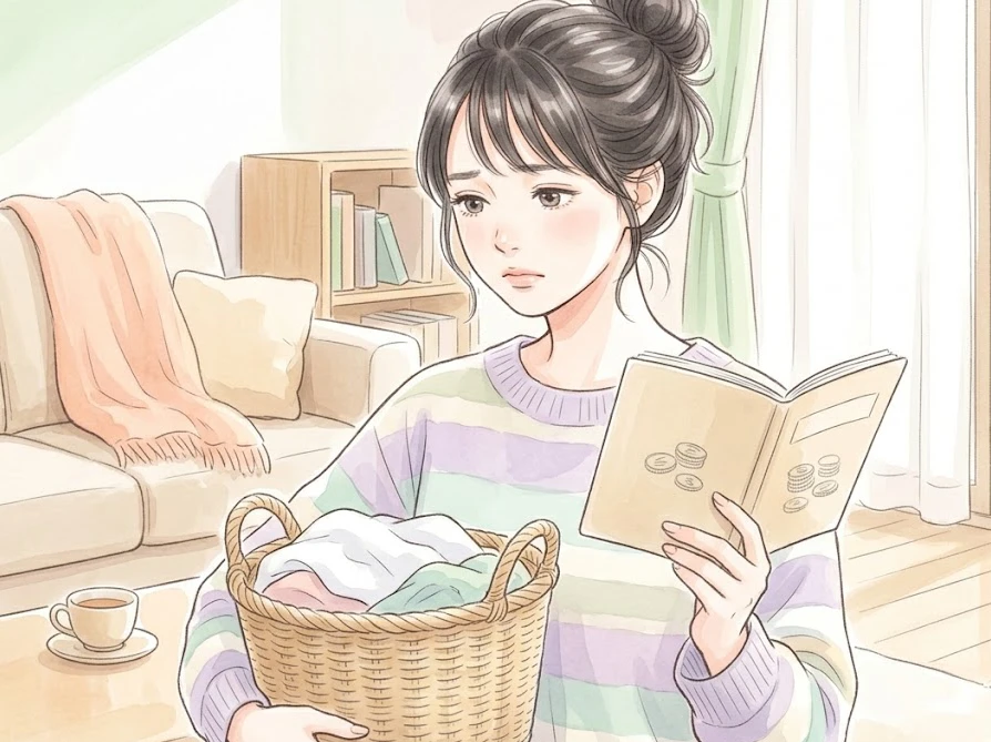 リビングで洗濯カゴと家計簿を持ち、洗濯ビーズのコスパの悪さに少し悩んでいる女性の様子。