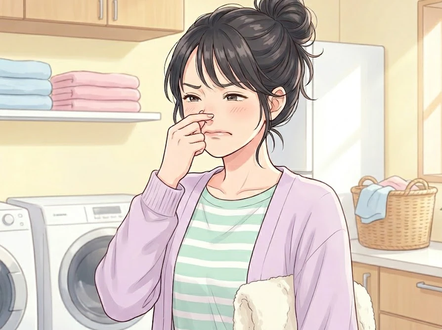 乾いたタオルから香る洗濯ビーズの匂いがきつすぎて、困った笑顔で鼻をつまむ女性。