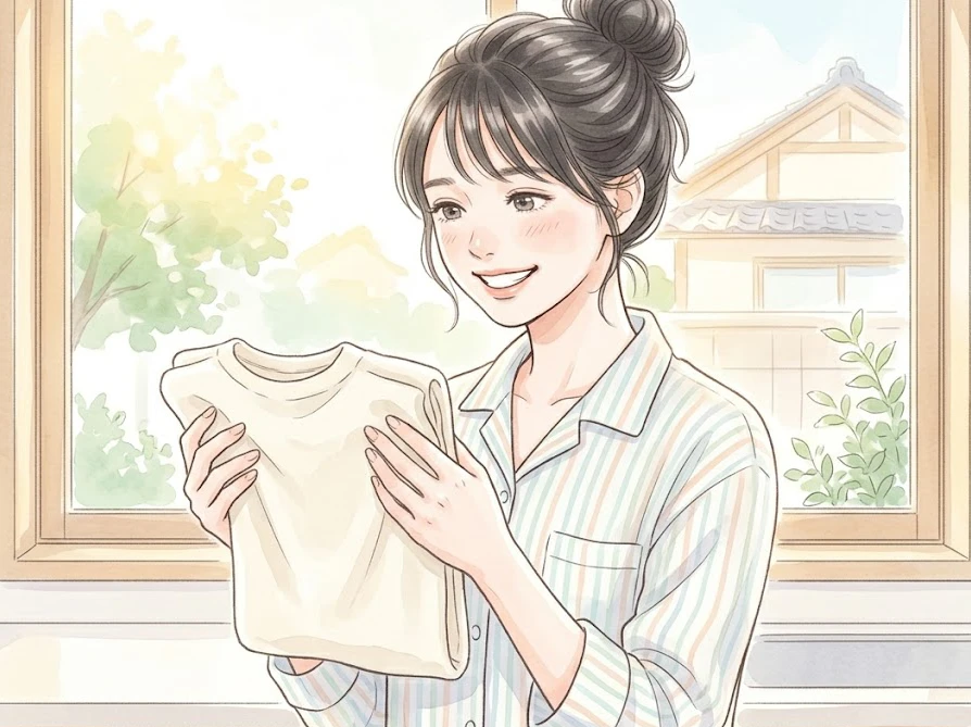 洗剤だけでも十分に汚れが落ちて綺麗なTシャツを手に持ち、満足そうに微笑む女性。
