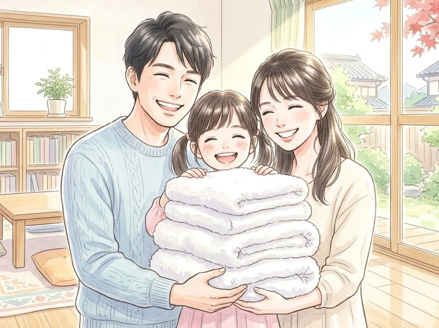 コスパの悩みを解消し、ふんわりと仕上がった綺麗な洗濯物を抱きしめて笑顔を見せる家族。