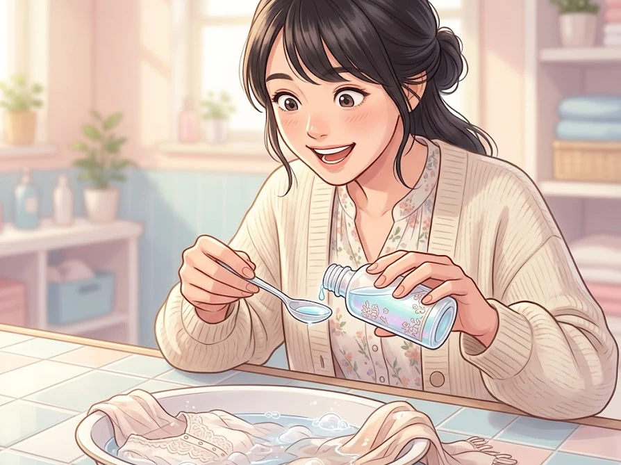 シャンプーを洗濯洗剤の代わりに使う際の正しい量を測っている女性