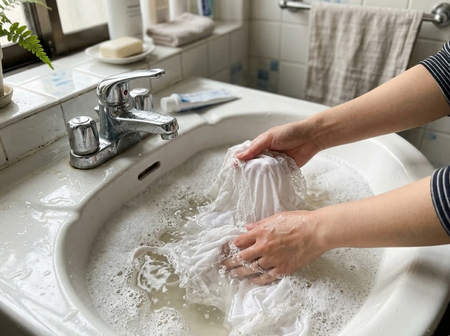 洗面器のぬるま湯にシャンプーを溶かしてデリケートな衣類を手洗いする様子
