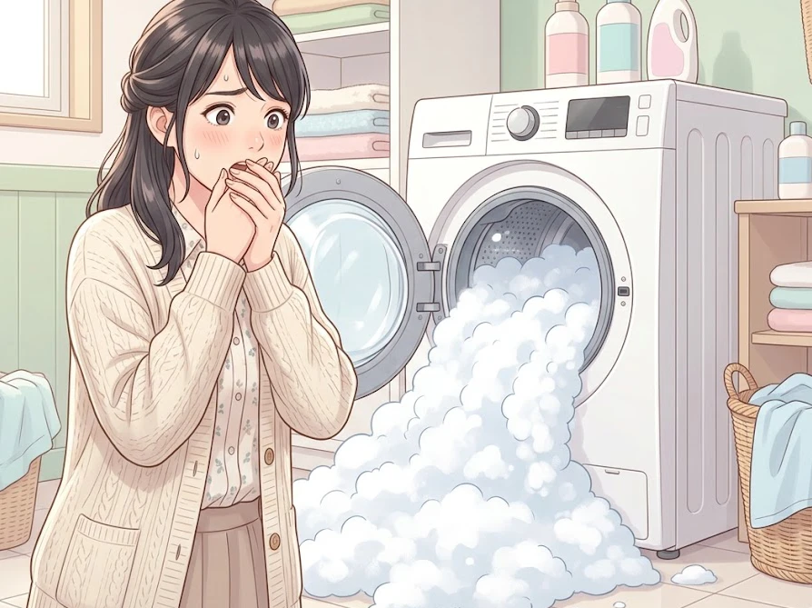 ドラム式洗濯機にシャンプーを入れて泡があふれ出し慌てている女性