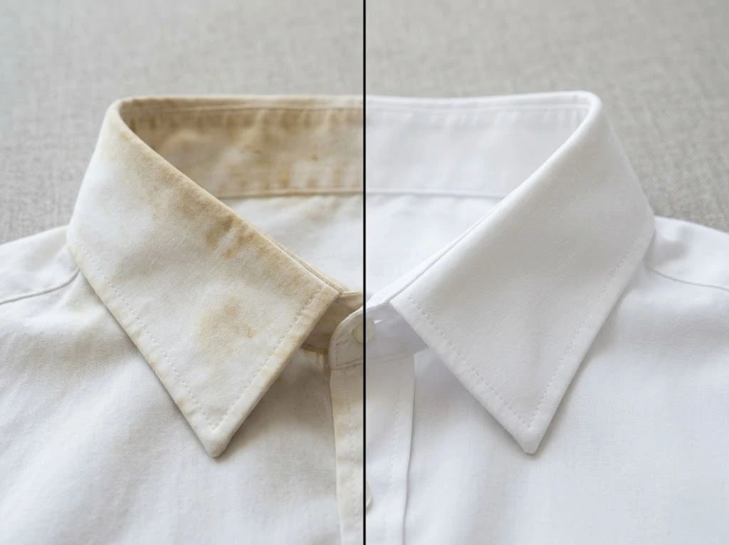 シャンプーで洗う前と洗った後のワイシャツの襟元の皮脂汚れの落ち具合の比較