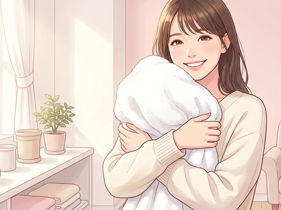 シャンプーを使った正しい洗濯方法で綺麗になった衣類を抱きしめて喜ぶ女性
