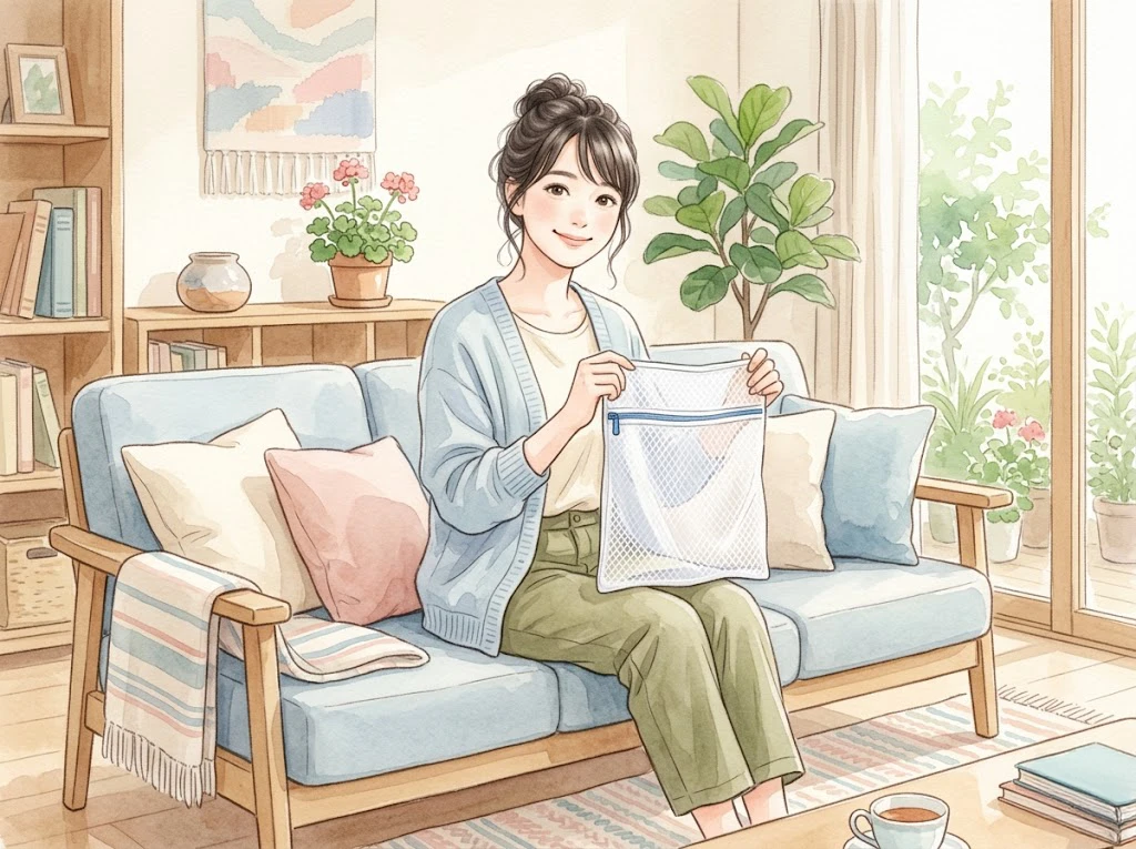 明るい部屋で洗濯ネットを手に持ち、ファスナーの修理に成功して笑顔を浮かべる女性