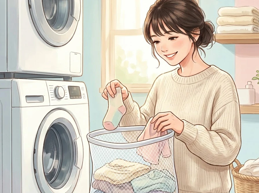 ファスナーを長持ちさせるため、洗濯ネットの容量7〜8割を目安に衣類を入れる女性