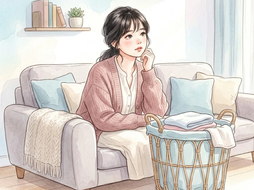 洗濯代行サービスが違法になるケースや、クリーニング業法の仕組みについて考える女性。