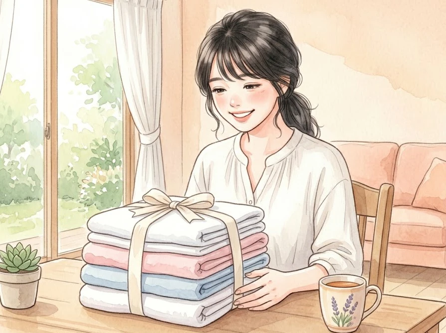 きれいに仕上がった洗濯物を見て安心する女性。違法でない安全な洗濯代行業者の見分け方を解説します。