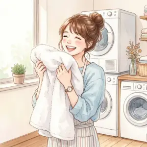白いブラウスについてしまった時間がたったトマトソースのシミを見て困惑している女性