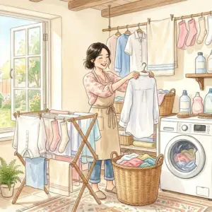 白いブラウスについてしまった時間がたったトマトソースのシミを見て困惑している女性