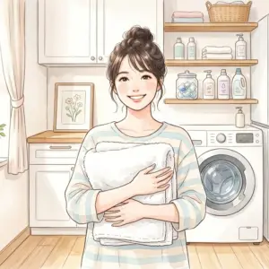 レノアのクエン酸in超消臭で洗濯したタオルを笑顔で持つ女性