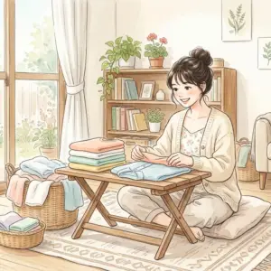 ふんわりと柔らかく仕上がった清潔な洗濯物を、明るい部屋で笑顔でたたむ女性の様子