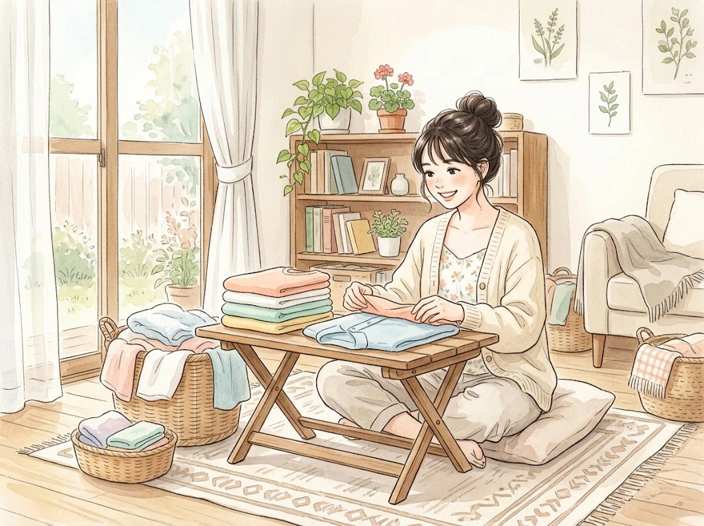ふんわりと柔らかく仕上がった清潔な洗濯物を、明るい部屋で笑顔でたたむ女性の様子