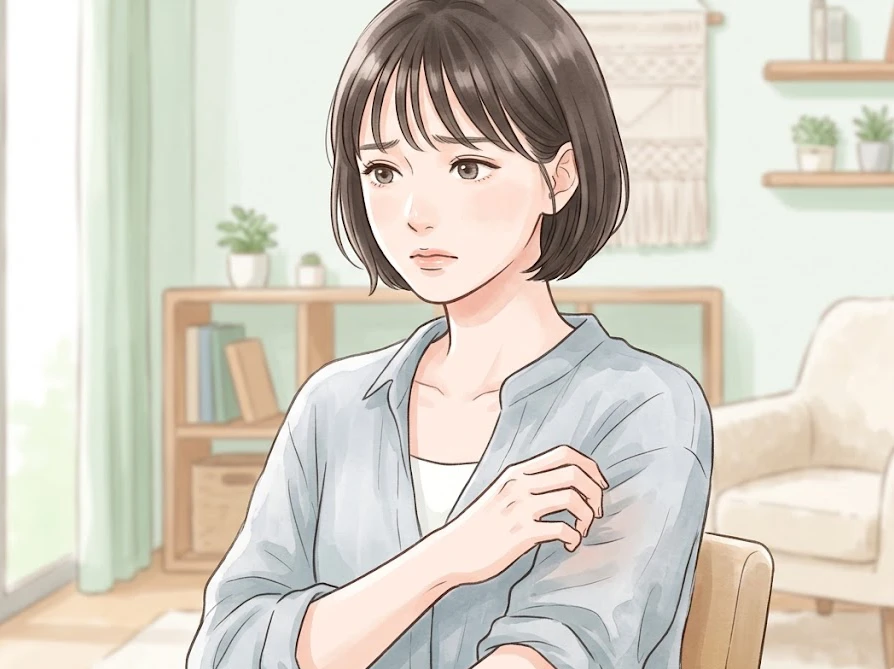 柔軟剤が原因と思われる肌のかゆみやチクチク感に悩み、そっと腕を触る女性の様子
