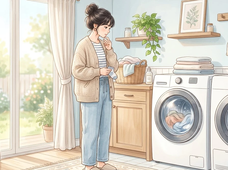 柔軟剤の適正な使用量やすすぎ回数の設定について、洗濯機の前で考え込む女性の様子