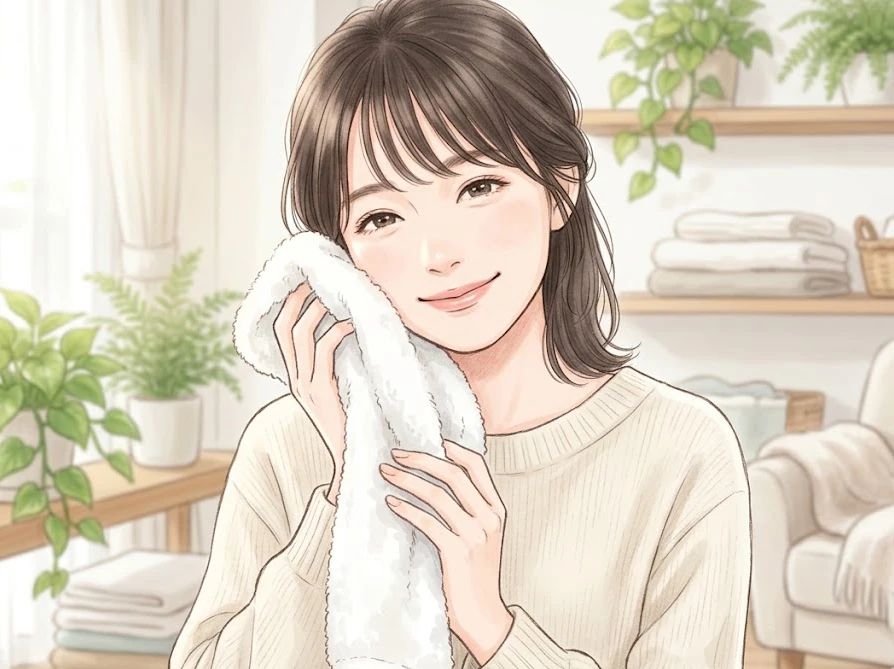 肌にやさしい植物由来の柔軟剤でふんわりと仕上がったタオルに、笑顔で顔を寄せる女性