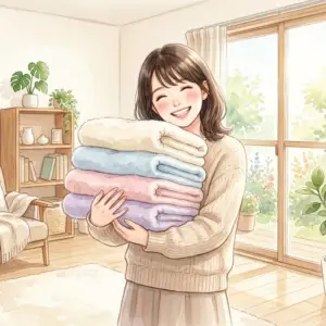 ふんわりと仕上がった洗濯物を笑顔で抱える女性