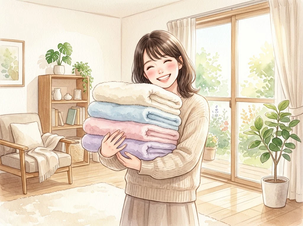 ふんわりと仕上がった洗濯物を笑顔で抱える女性