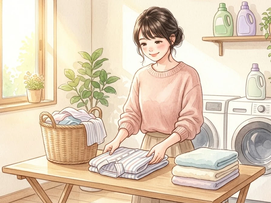 明るいランドリールームで綺麗に洗濯物を畳む様子