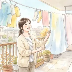 ぽかぽかのお日様の下で干された洗濯物と、秋のカメムシ対策に成功して喜ぶ女性