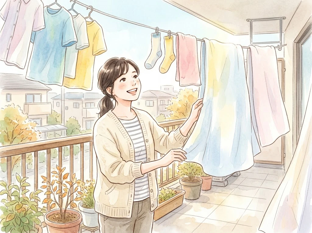 ぽかぽかのお日様の下で干された洗濯物と、秋のカメムシ対策に成功して喜ぶ女性
