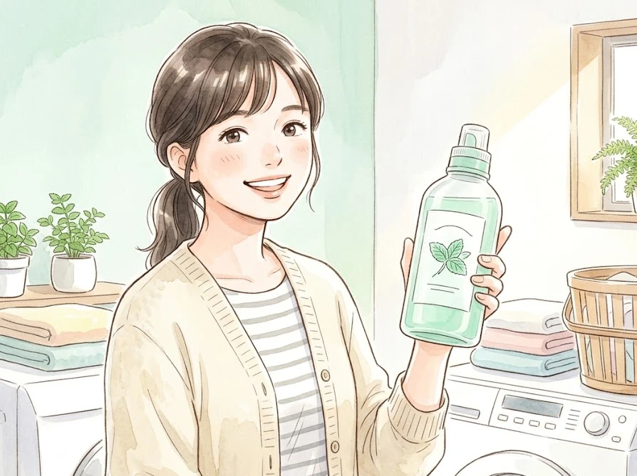 ミント系の柔軟剤を手に持ち、笑顔で快適にお洗濯をする女性の様子