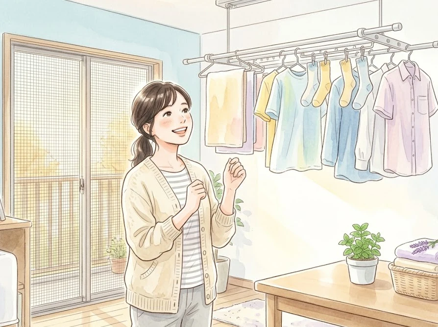 洗濯物カバーや部屋干しを活用して、カメムシの侵入を安全に防いでいる快適な室内