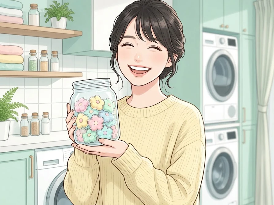 なごみちゃんがSNSで推薦していたお花型のおしゃれな柔軟剤入り洗剤アフュームを手に持つ姿