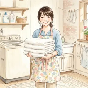 投入口のない古い洗濯機でも柔軟剤を使ってふんわり仕上げたタオルを持つ女性