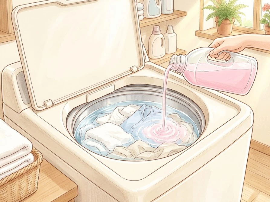 洗濯機の最後のすすぎで溜まったきれいな水に柔軟剤を手動で投入する様子