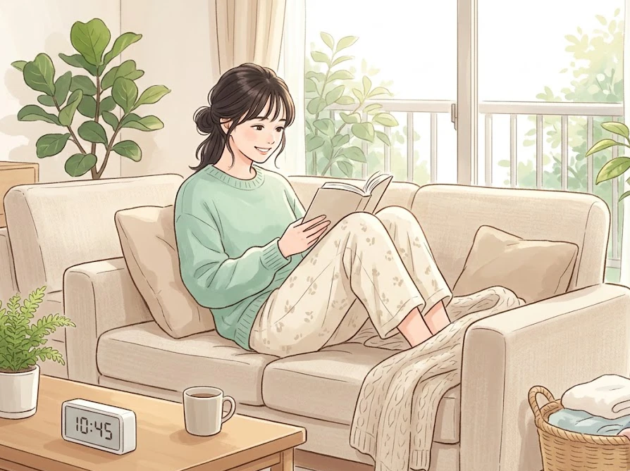 洗濯機のすすぎ時間をタイマーで計りながらリビングでリラックスする女性