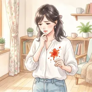 白いブラウスについてしまった時間がたったトマトソースのシミを見て困惑している女性