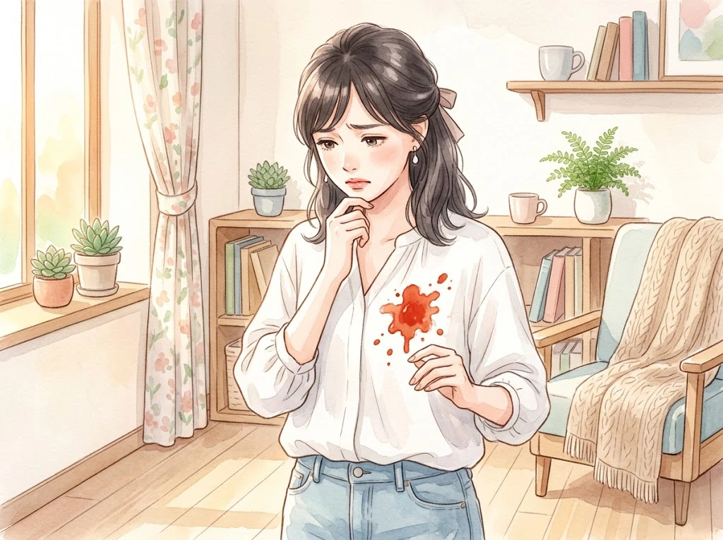 白いブラウスについてしまった時間がたったトマトソースのシミを見て困惑している女性